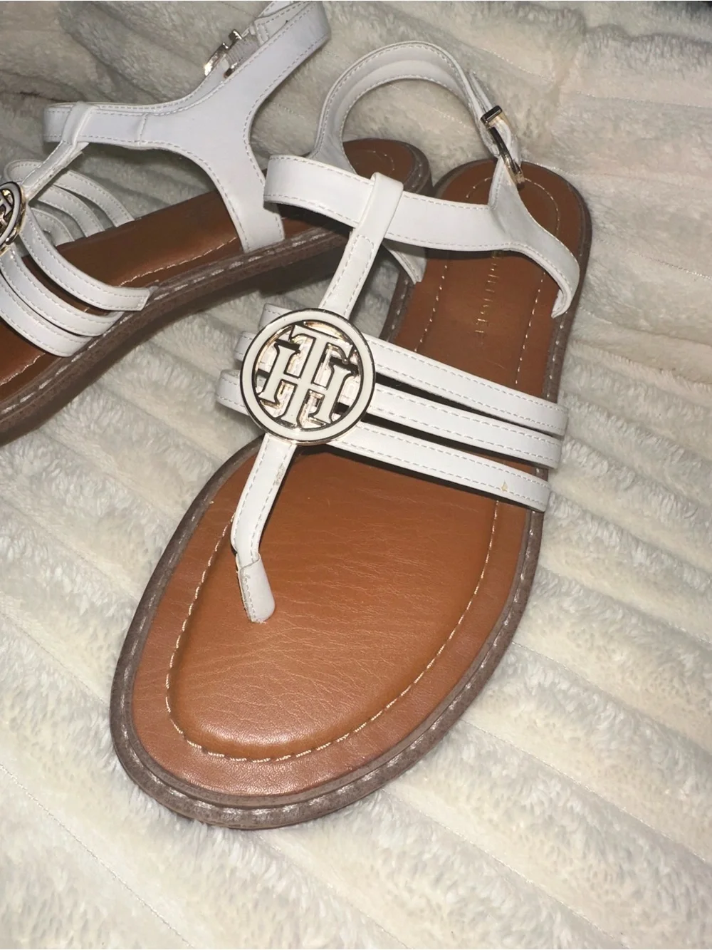 Tommy Hilfiger White Leather T-Strap Sandals with Gold Logo